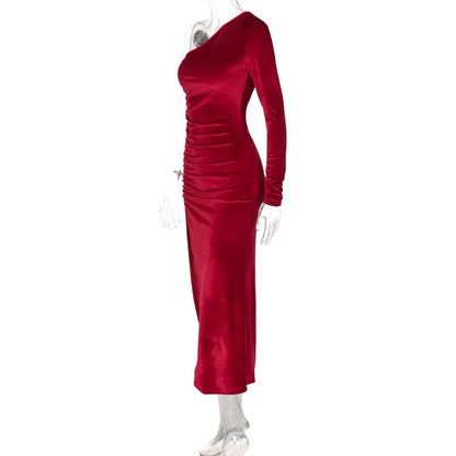 Velvet Bodycon Midi Dress – Elegant Long Sleeve Split Pencil Mid-Calf Sheath Dress - ZOOMNSTORE