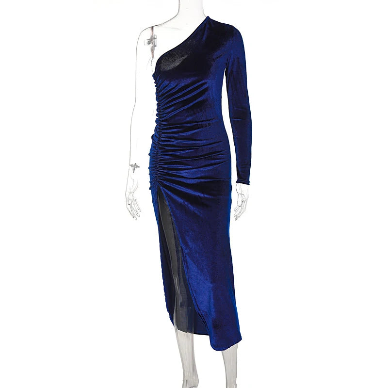 Velvet Bodycon Midi Dress – Elegant Long Sleeve Split Pencil Mid-Calf Sheath Dress - ZOOMNSTORE