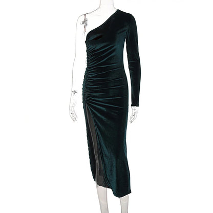 Velvet Bodycon Midi Dress – Elegant Long Sleeve Split Pencil Mid-Calf Sheath Dress - ZOOMNSTORE