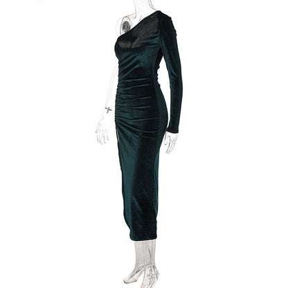 Velvet Bodycon Midi Dress – Elegant Long Sleeve Split Pencil Mid-Calf Sheath Dress - ZOOMNSTORE