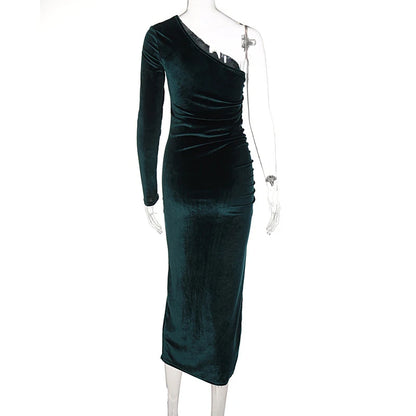 Velvet Bodycon Midi Dress – Elegant Long Sleeve Split Pencil Mid-Calf Sheath Dress - ZOOMNSTORE
