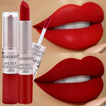 2-in-1 Matte Red Lipstick  Gloss - Long Lasting Velvet Waterproof Makeup - ZOOMNSTORE