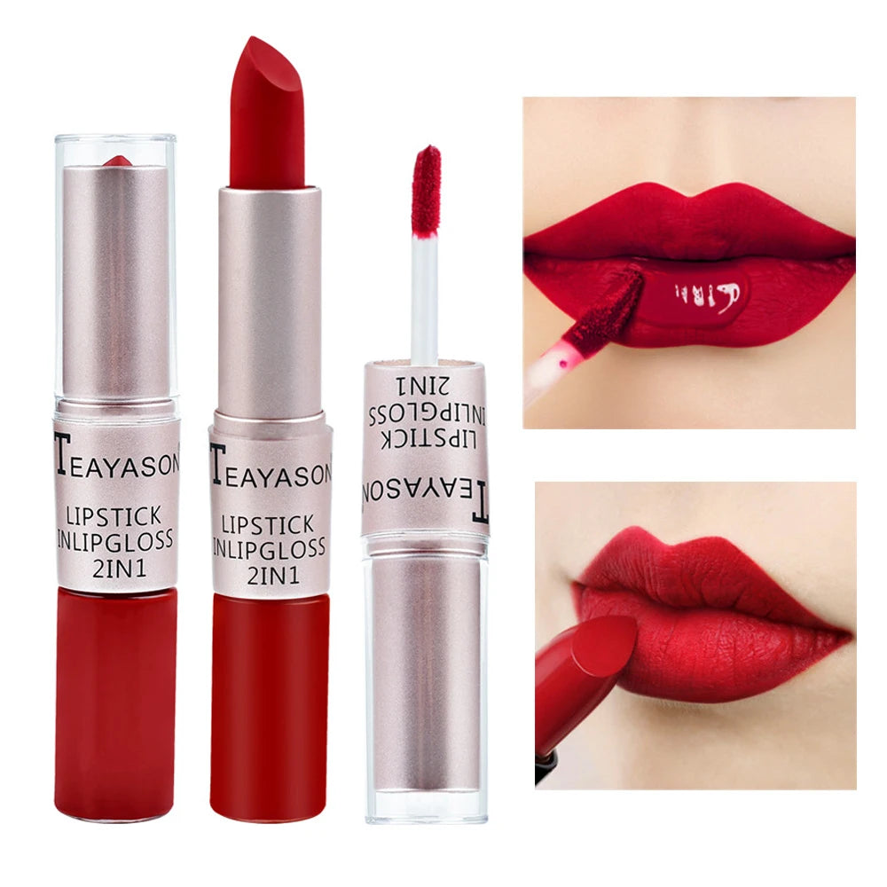 2-in-1 Matte Red Lipstick  Gloss - Long Lasting Velvet Waterproof Makeup - ZOOMNSTORE