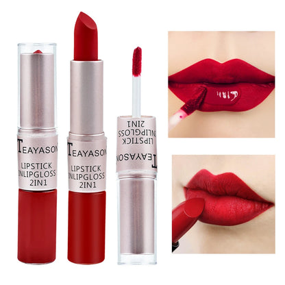 2-in-1 Matte Red Lipstick  Gloss - Long Lasting Velvet Waterproof Makeup - ZOOMNSTORE