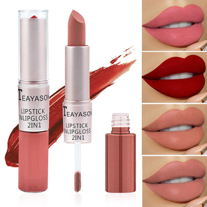 2-in-1 Matte Red Lipstick  Gloss - Long Lasting Velvet Waterproof Makeup - ZOOMNSTORE