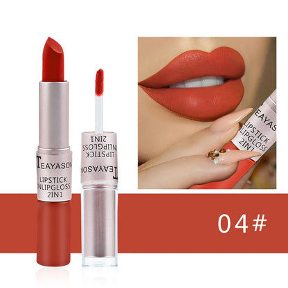 2-in-1 Matte Red Lipstick  Gloss - Long Lasting Velvet Waterproof Makeup - ZOOMNSTORE