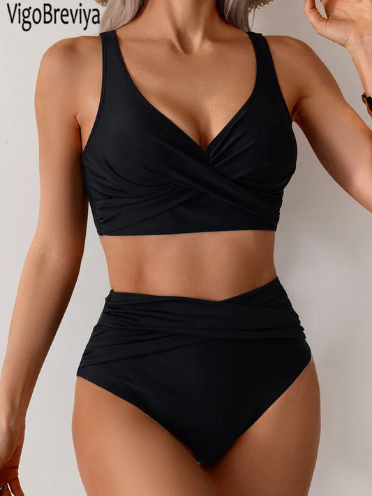 VigoBreviya 2025 High Waist Bikini Set - Sexy Solid Strapped Swimwear - ZOOMNSTORE
