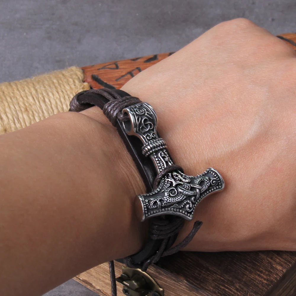 Viking Thors Hammer Bracelet - Handmade Nordic Runes Amulet Jewelry - ZOOMNSTORE