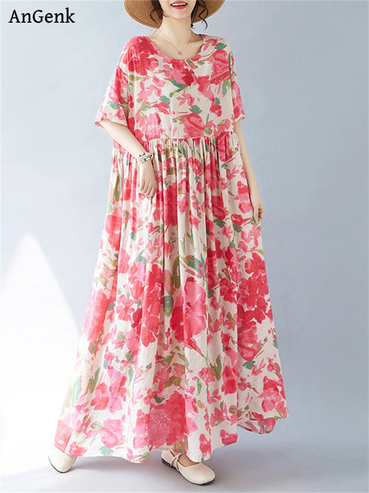 Vintage Boho Cotton Summer Dress - Casual Loose Print Holiday Dress for Women - ZOOMNSTORE