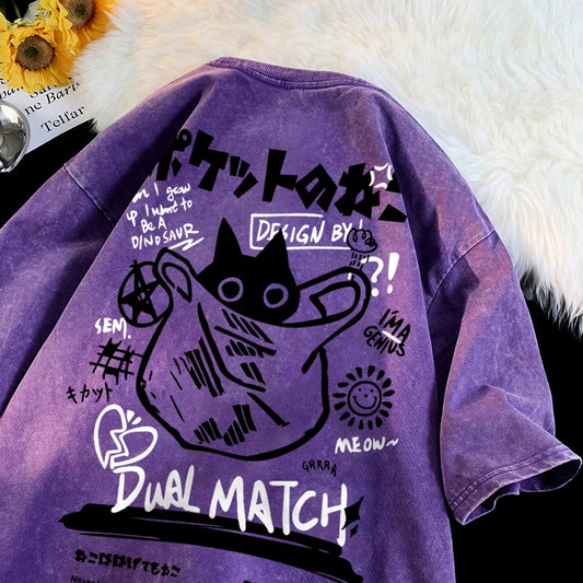 Kawaii Cat T-Shirt - Vintage Summer Harajuku Tee Short Sleeve Cotton Top - ZOOMNSTORE