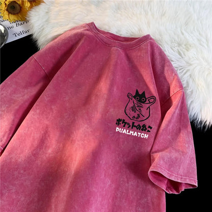 Kawaii Cat T-Shirt - Vintage Summer Harajuku Tee Short Sleeve Cotton Top - ZOOMNSTORE