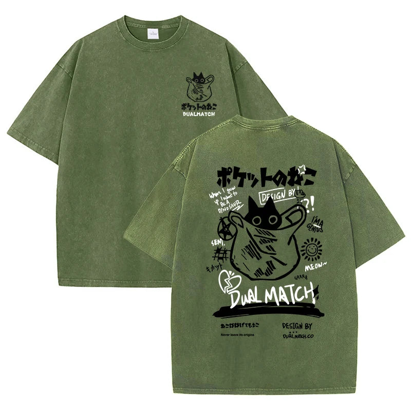 Kawaii Cat T-Shirt - Vintage Summer Harajuku Tee Short Sleeve Cotton Top - ZOOMNSTORE