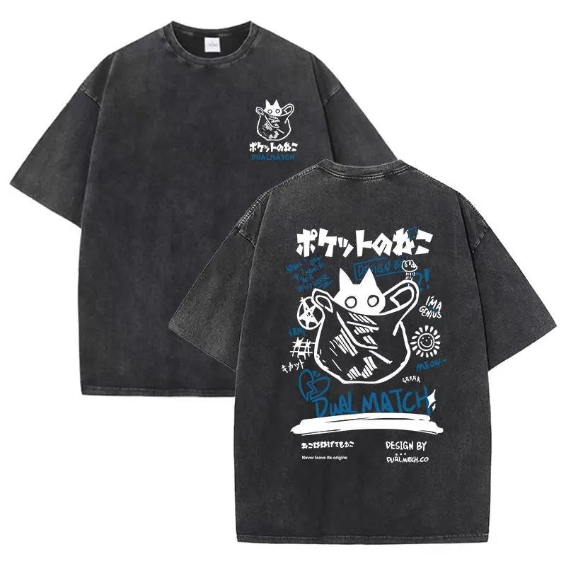 Kawaii Cat T-Shirt - Vintage Summer Harajuku Tee Short Sleeve Cotton Top - ZOOMNSTORE