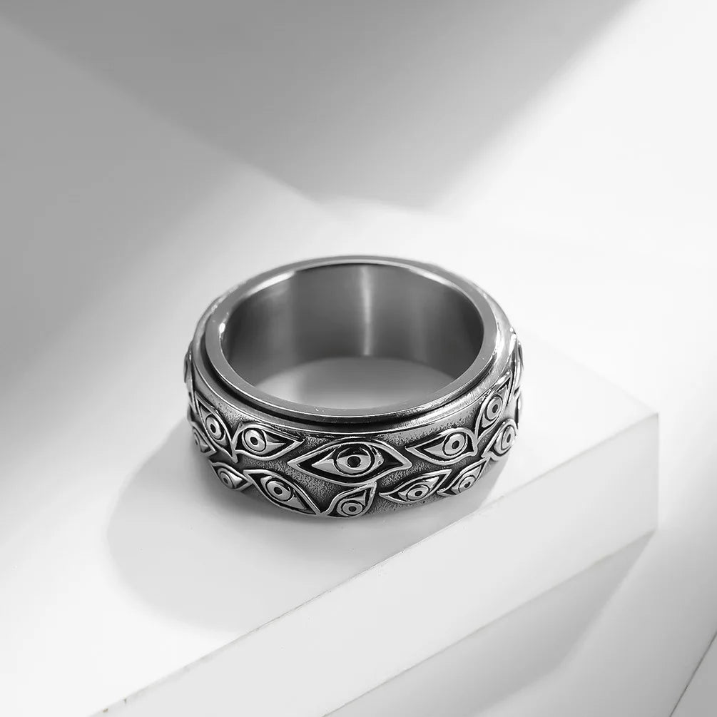 Vintage Carved Eye of God Mens Stainless Steel Anxiety Ring - Fidget Spinner Stress Ring - ZOOMNSTORE
