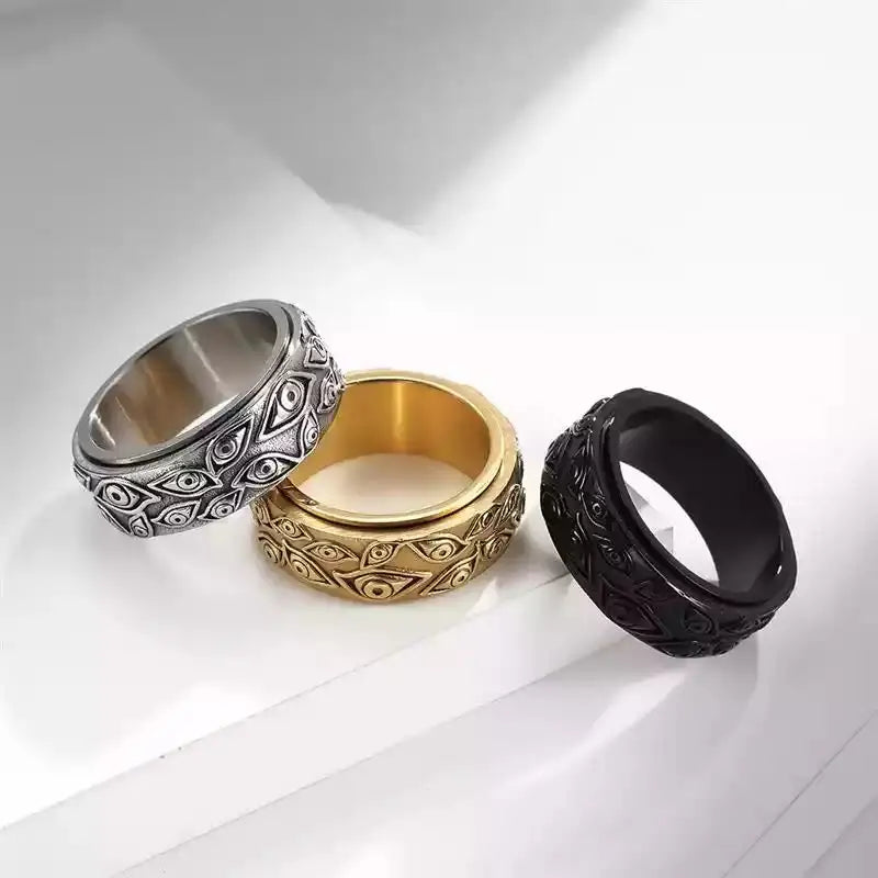 Vintage Carved Eye of God Mens Stainless Steel Anxiety Ring - Fidget Spinner Stress Ring - ZOOMNSTORE
