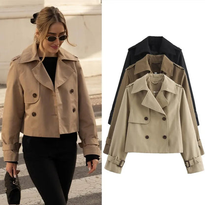 Vintage Cropped Trench Jacket – Women's Spring Jacket With Double Breasted Closure - ZOOMNSTORE