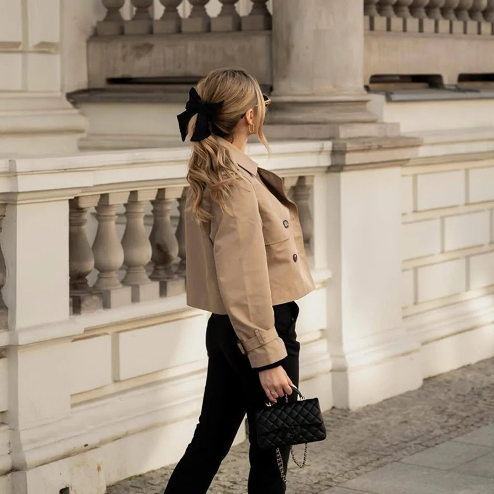 Vintage Cropped Trench Jacket – Women's Spring Jacket With Double Breasted Closure - ZOOMNSTORE