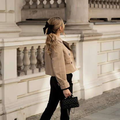 Vintage Cropped Trench Jacket – Women's Spring Jacket With Double Breasted Closure - ZOOMNSTORE