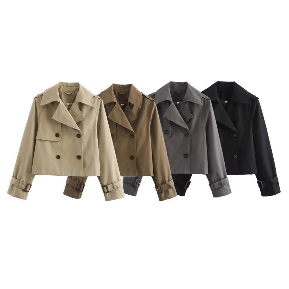 Vintage Cropped Trench Jacket – Women's Spring Jacket With Double Breasted Closure - ZOOMNSTORE