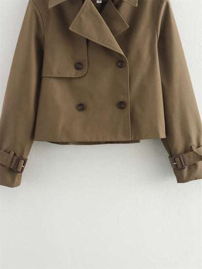 Vintage Cropped Trench Jacket – Women's Spring Jacket With Double Breasted Closure - ZOOMNSTORE