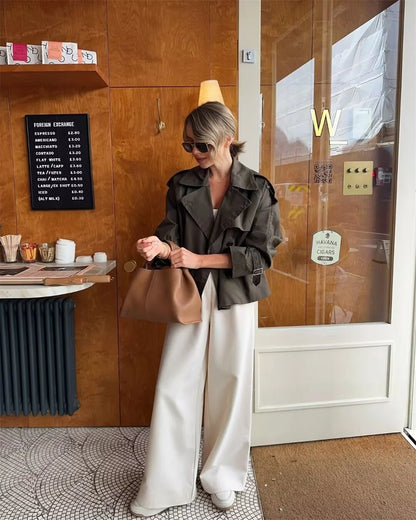 Vintage Cropped Trench Jacket – Women's Spring Jacket With Double Breasted Closure - ZOOMNSTORE
