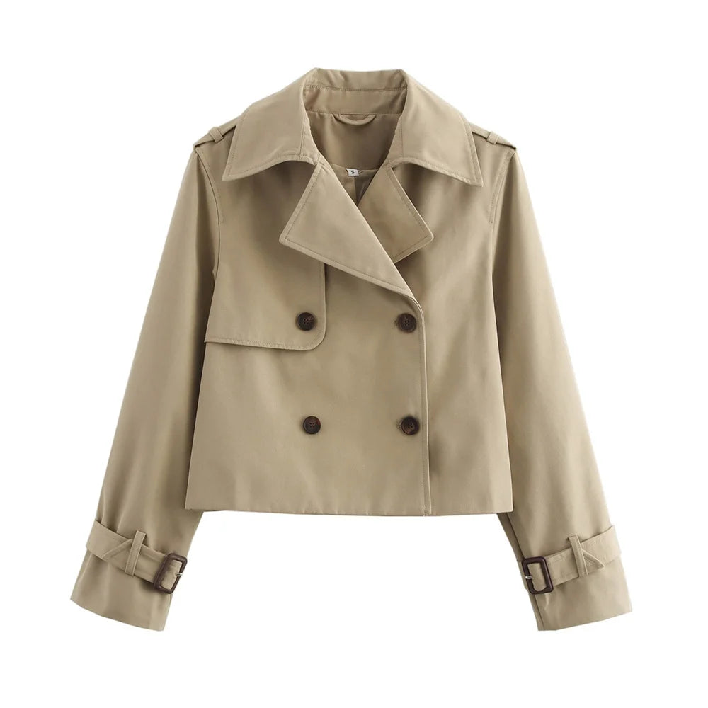 Vintage Cropped Trench Jacket – Women's Spring Jacket With Double Breasted Closure - ZOOMNSTORE