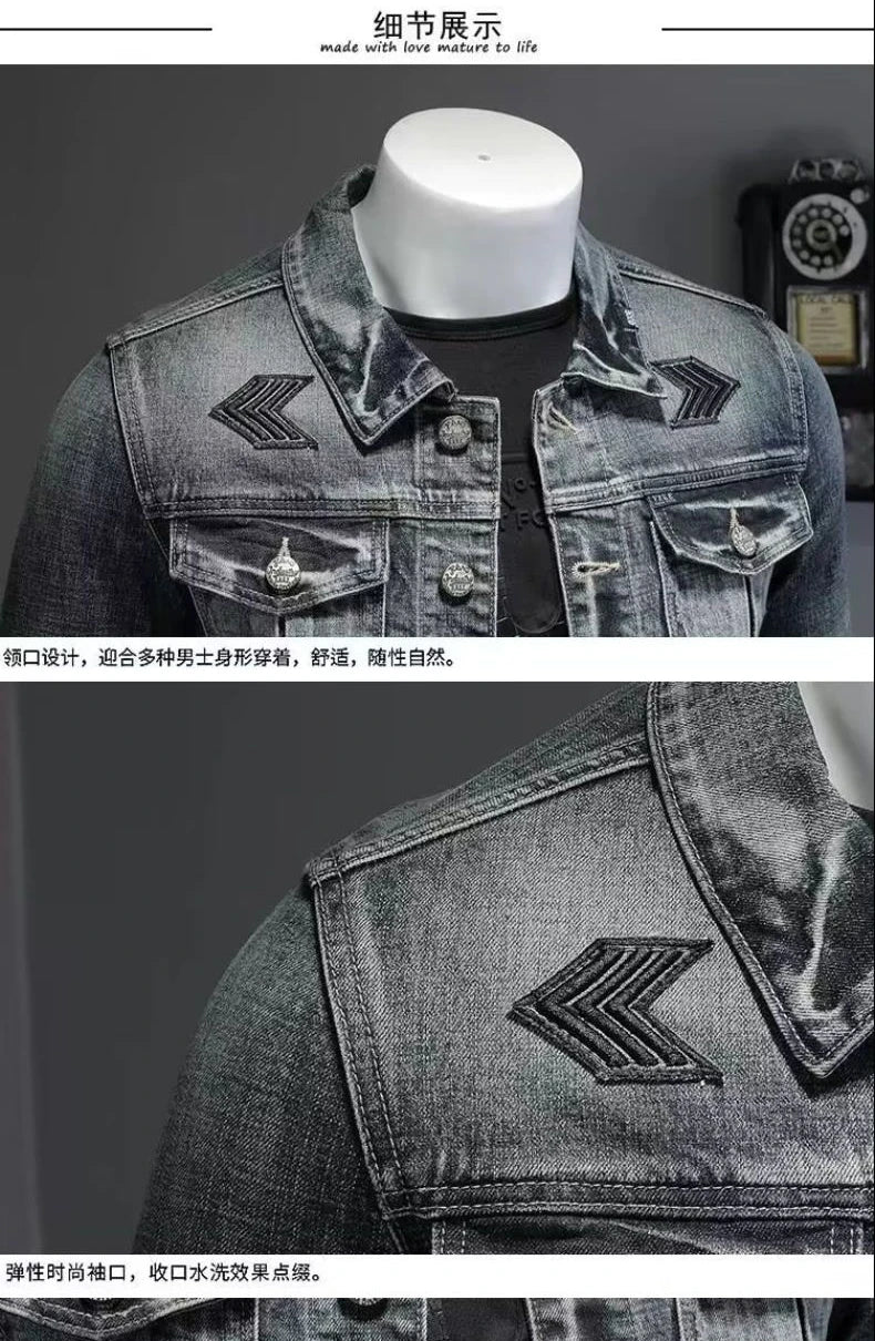 Men's Vintage Denim Jacket High Street Trend Loose Street Riding Biker Clothing Handsome Casual Buttoned Lapel Men's Clothing - ZOOMNSTORE