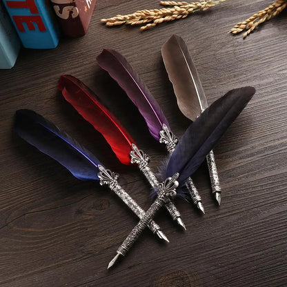 Vintage Feather Quill Pen Set - 5 Carved Nibs Oblique Dip Pen for Writing Gift for School or Office - ZOOMNSTORE