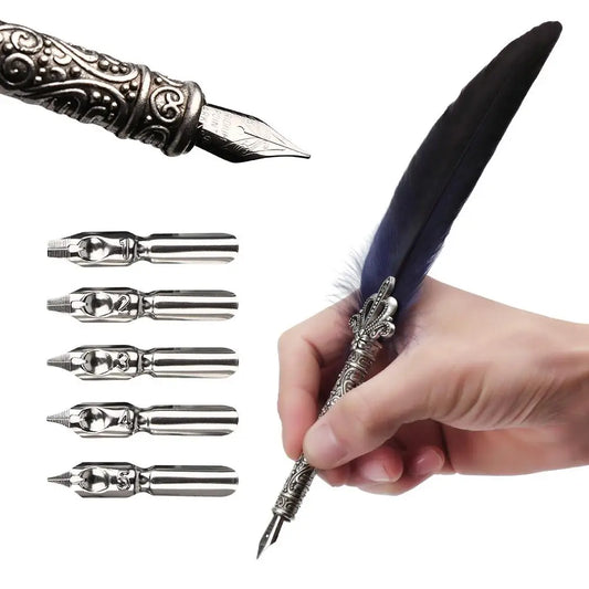 Vintage Feather Quill Pen Set - 5 Carved Nibs Oblique Dip Pen for Writing Gift for School or Office - ZOOMNSTORE