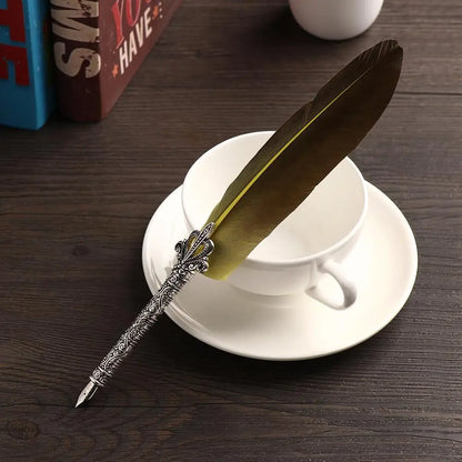 Vintage Feather Quill Pen Set - 5 Carved Nibs Oblique Dip Pen for Writing Gift for School or Office - ZOOMNSTORE