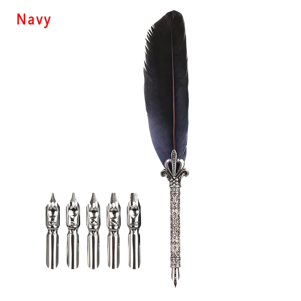 Vintage Feather Quill Pen Set - 5 Carved Nibs Oblique Dip Pen for Writing Gift for School or Office - ZOOMNSTORE