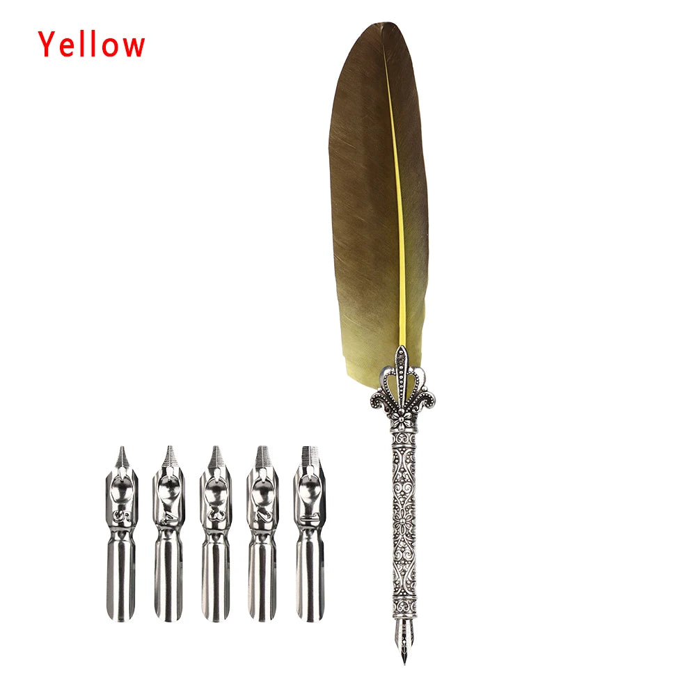 Vintage Feather Quill Pen Set - 5 Carved Nibs Oblique Dip Pen for Writing Gift for School or Office - ZOOMNSTORE