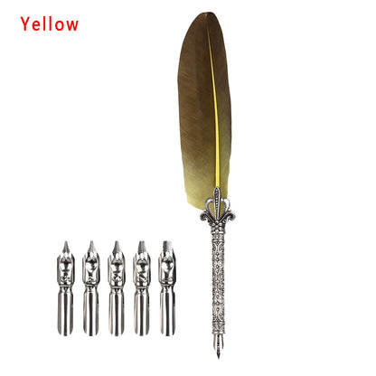 Vintage Feather Quill Pen Set - 5 Carved Nibs Oblique Dip Pen for Writing Gift for School or Office - ZOOMNSTORE