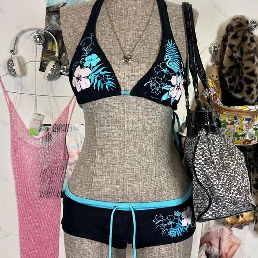 Y2K Vintage Floral Bikini Set - Sexy Halter Swimwear for Women - ZOOMNSTORE