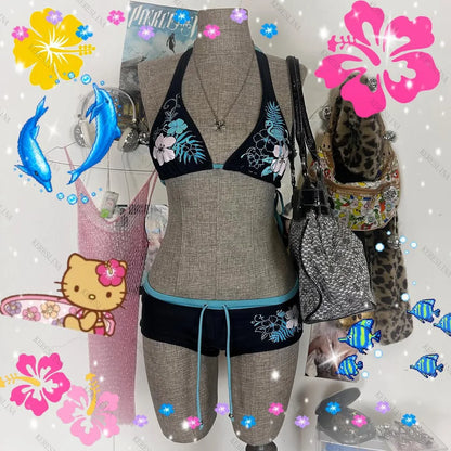 Y2K Vintage Floral Bikini Set - Sexy Halter Swimwear for Women - ZOOMNSTORE