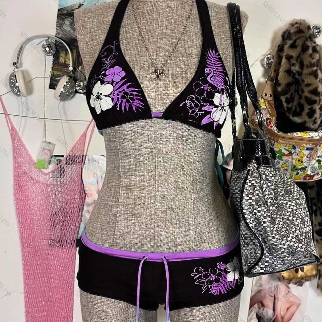 Y2K Vintage Floral Bikini Set - Sexy Halter Swimwear for Women - ZOOMNSTORE