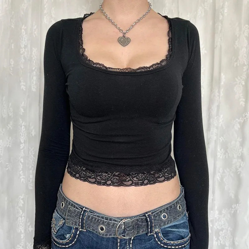 Vintage Graphic T Shirt - Long Sleeve Slim Fit Tops With Lace Trim Tee For Autumn - ZOOMNSTORE