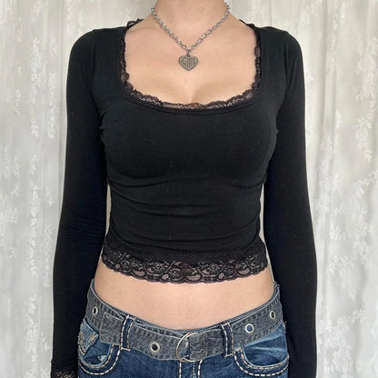 Vintage Graphic T Shirt - Long Sleeve Slim Fit Tops With Lace Trim Tee For Autumn - ZOOMNSTORE
