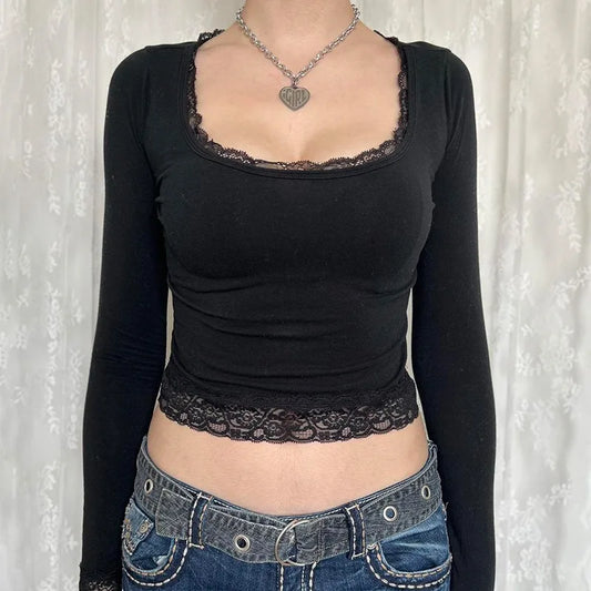 Vintage Graphic T Shirt - Long Sleeve Slim Fit Tops With Lace Trim Tee For Autumn - ZOOMNSTORE