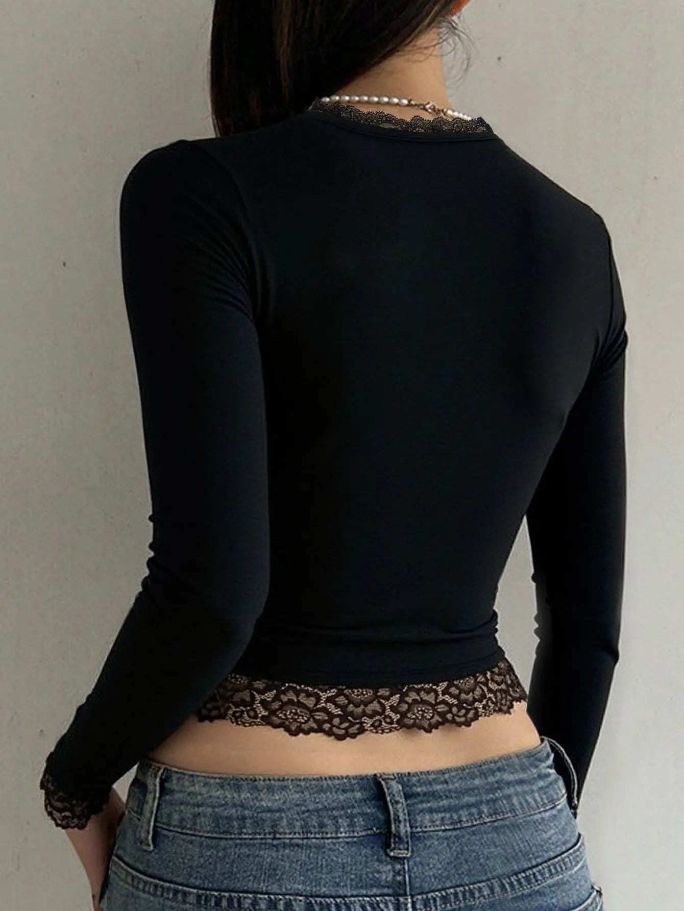 Vintage Graphic T Shirt - Long Sleeve Slim Fit Tops With Lace Trim Tee For Autumn - ZOOMNSTORE
