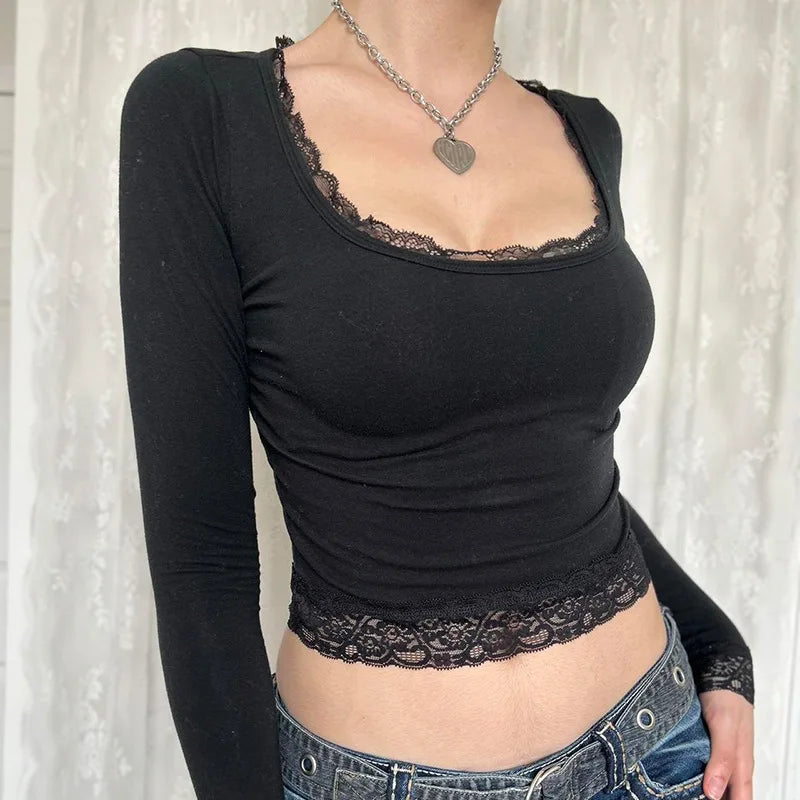 Vintage Graphic T Shirt - Long Sleeve Slim Fit Tops With Lace Trim Tee For Autumn - ZOOMNSTORE