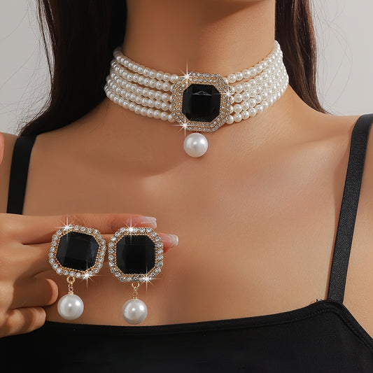 Vintage Inspired Jewelry Set - Multi-Strand Choker  Dangle Earrings with Rhinestones - ZOOMNSTORE