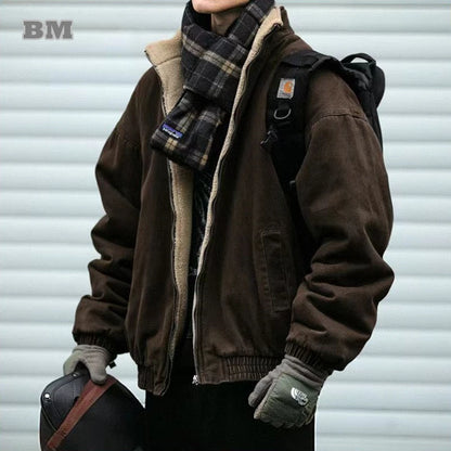 Vintage Japanese Polar Fleece Jacket - Mens Thick Winter Coat Korean Streetwear Trendy Warm Outerwear - ZOOMNSTORE