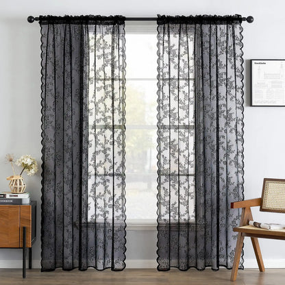 Vintage Lace Curtain – Embroidered Floral Chiffon Privacy Panel for Living Room - ZOOMNSTORE