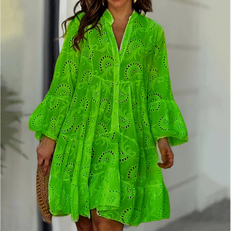 Elegant Vintage Lace Dress - V-neck Hollow Out Mini Beach Dress - ZOOMNSTORE