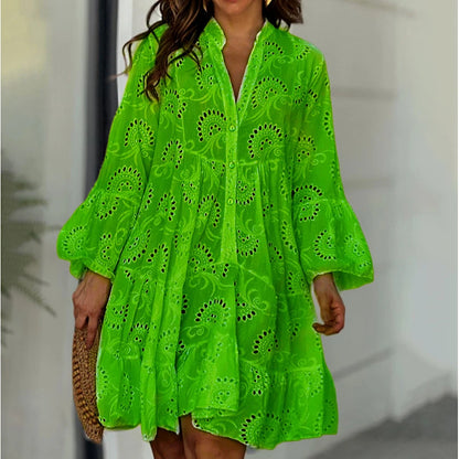 Elegant Vintage Lace Dress - V-neck Hollow Out Mini Beach Dress - ZOOMNSTORE