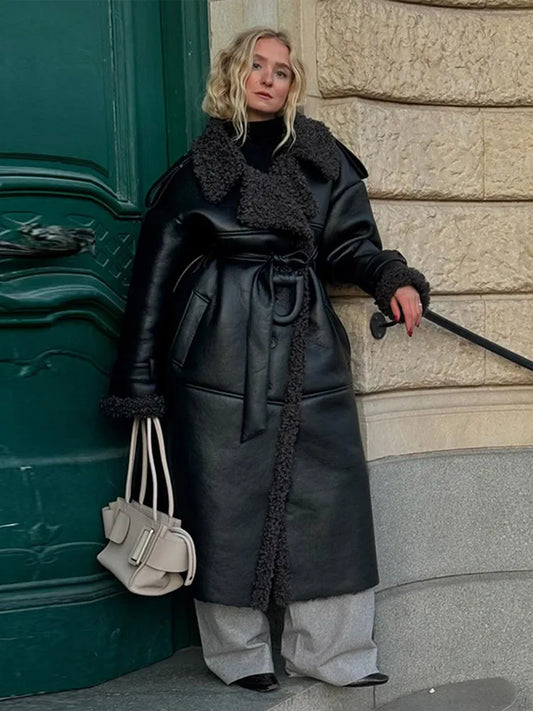 Vintage Leather Coat – Women's Patchwork Fur Thick Warm Overcoat With Lace-Up Belt - ZOOMNSTORE
