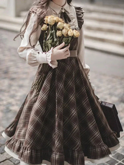 Vintage Lolita Two-Piece Dress - Plaid Bow Slim Fit Skirt for Women Winter 2024 Fashion - ZOOMNSTORE