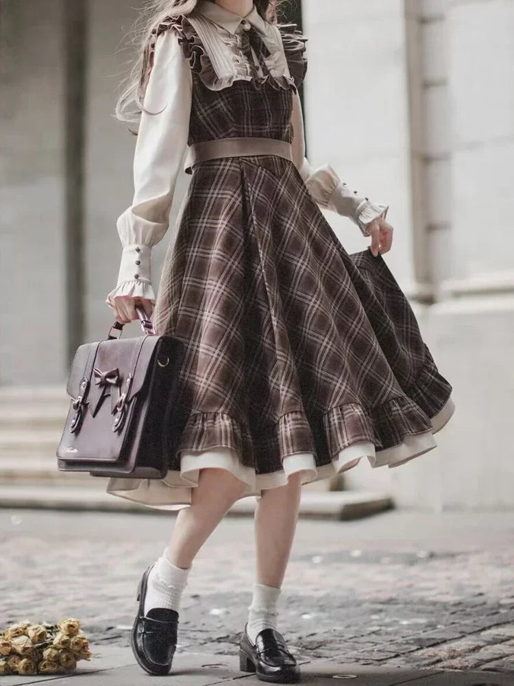 Vintage Lolita Two-Piece Dress - Plaid Bow Slim Fit Skirt for Women Winter 2024 Fashion - ZOOMNSTORE