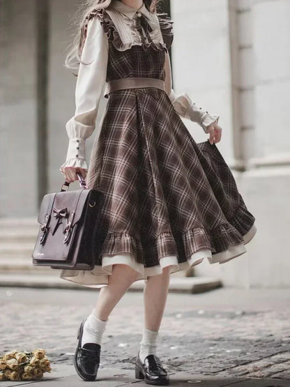 Vintage Lolita Two-Piece Dress - Plaid Bow Slim Fit Skirt for Women Winter 2024 Fashion - ZOOMNSTORE